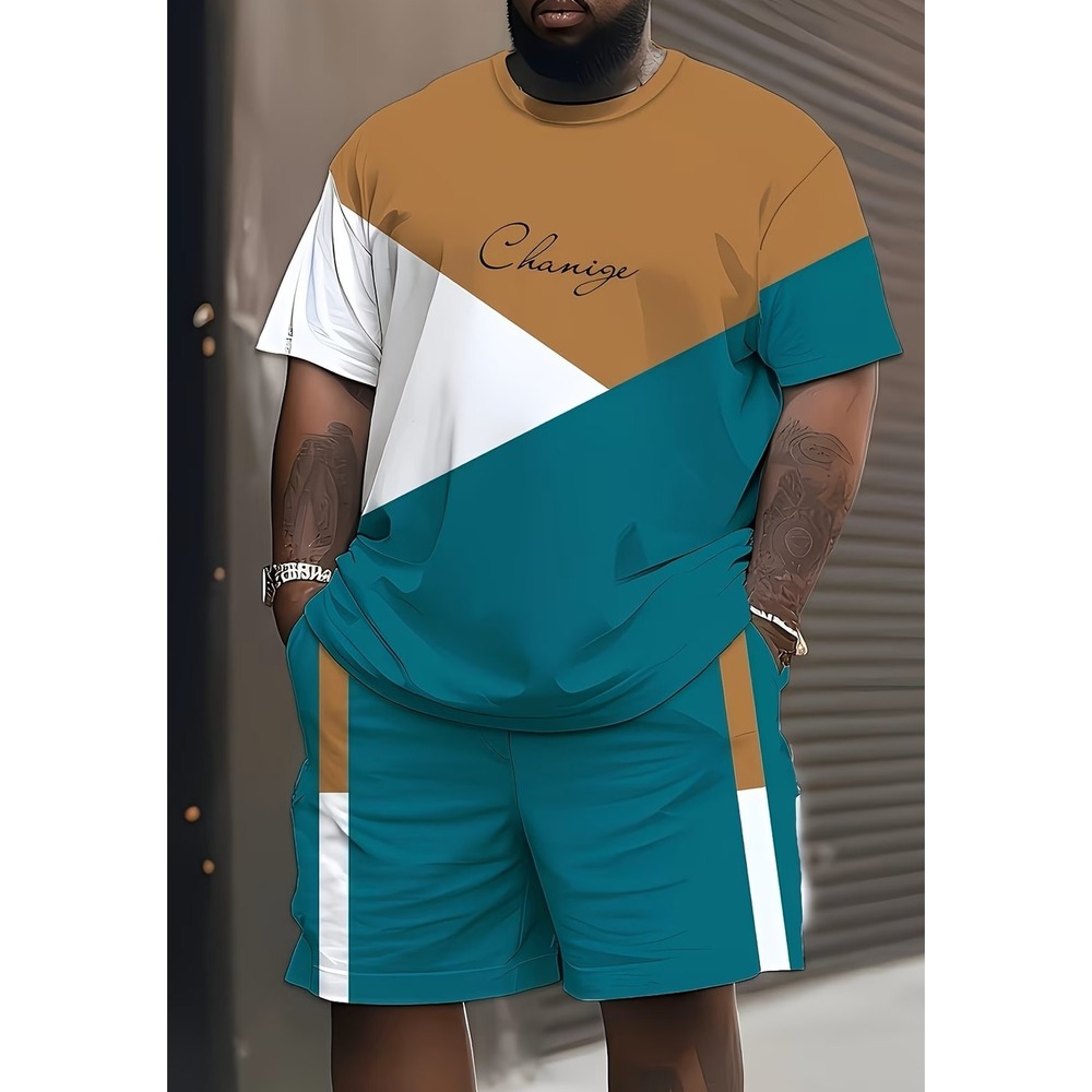 Mens 2 Piece Short Set M Teal Tan White Colorblock Streetwear Graphic Resortwear